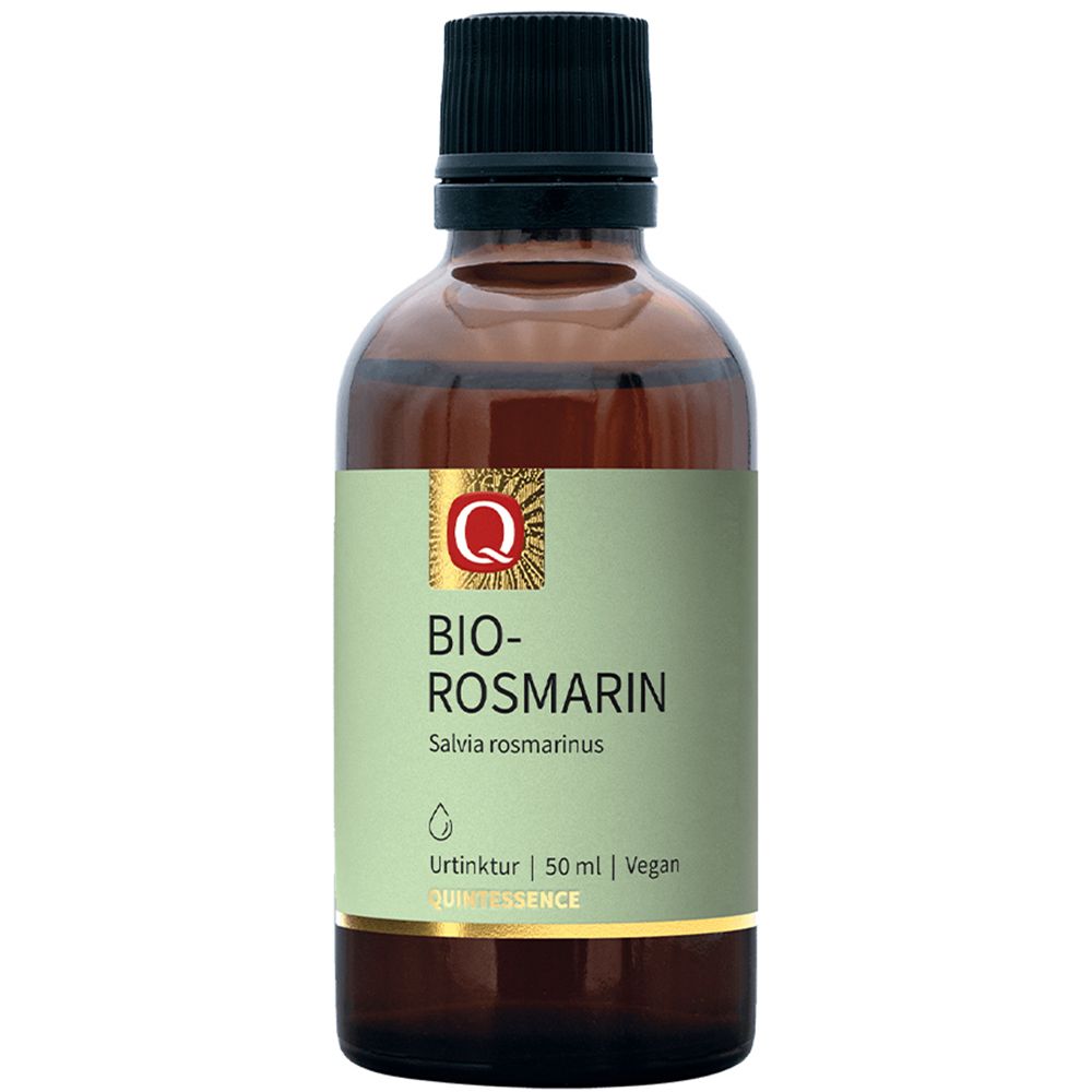 Braune Glasflasche mit grünem Etikett: Quintessence Bio-Rosmarin Urtinktur, 50 ml, Vegan.