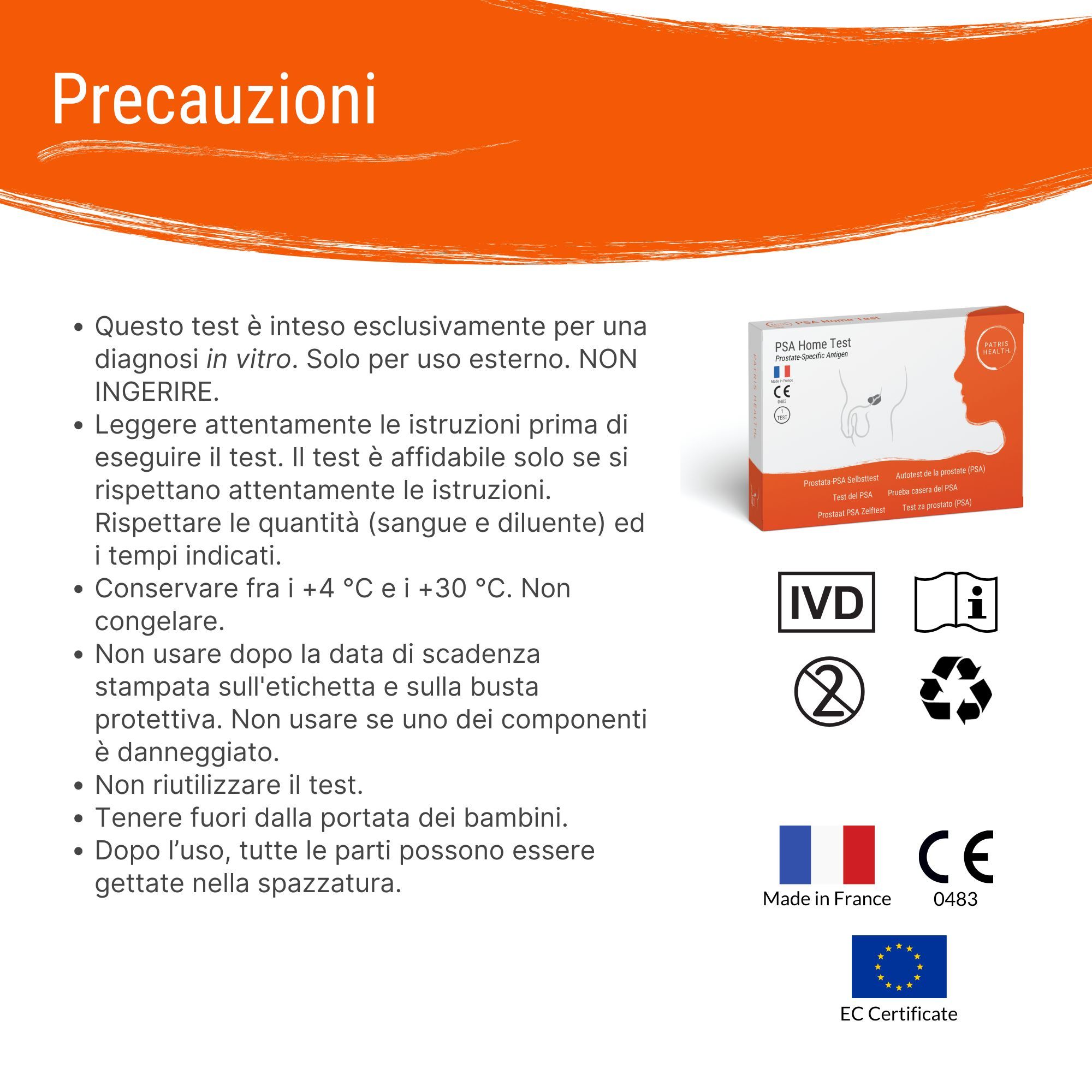 Precauzioni per il test Patris Health® Prostata-PSA. Testo e confezione del prodotto.