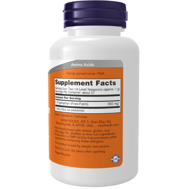 Rückseite des Behälters mit Nährwertangaben für Now Foods L-Tryptophan Pulver. 950 mg L-Tryptophan pro Portion.
