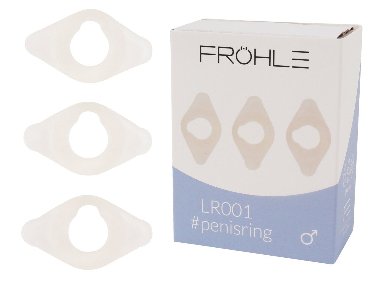 Drei Ringe und Produktverpackung. Verpackung: FRÖHLE, LR001, #penisring. Männliches Symbol.
