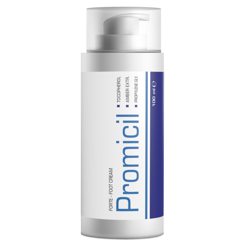 Weiße Flasche mit Pumpverschluss. Blaue und weiße Etiketten mit "PROMICIL Forte" und Inhaltsstoffen. 100 ml.