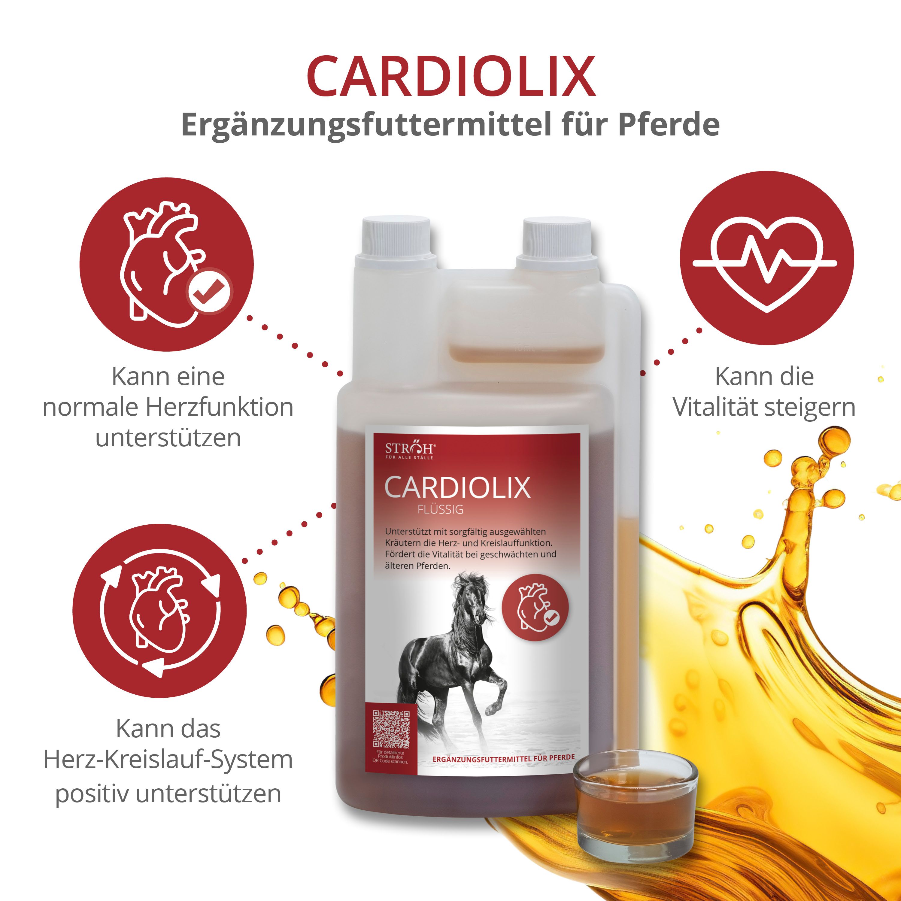 STRÖH CARDIOLIX Flüssig. Flasche mit Flüssigkeit, Messbecher und Infografiken. Produktname und Pferdeabbildung.