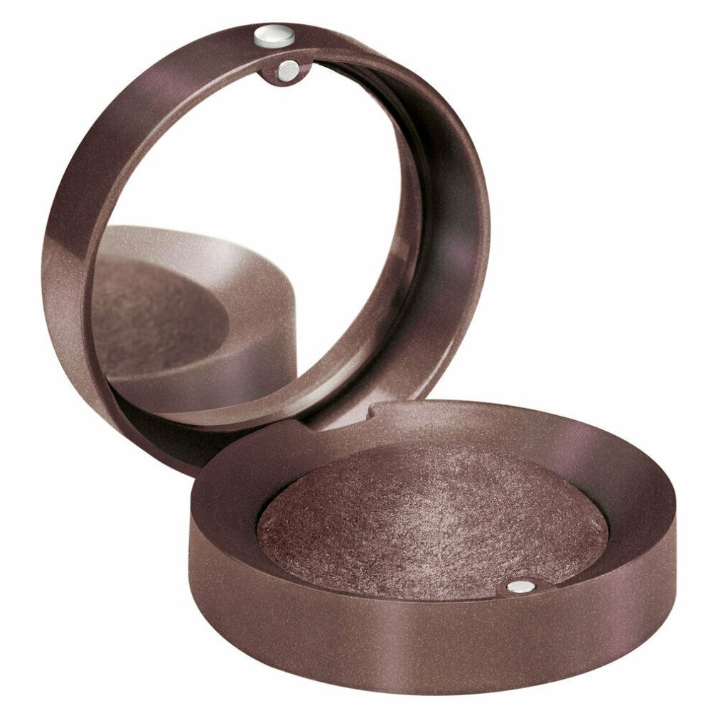 Runder, brauner Lidschatten-Behälter mit Spiegel. Geöffnet, Lidschatten sichtbar. Kleiner, runder Behälter.