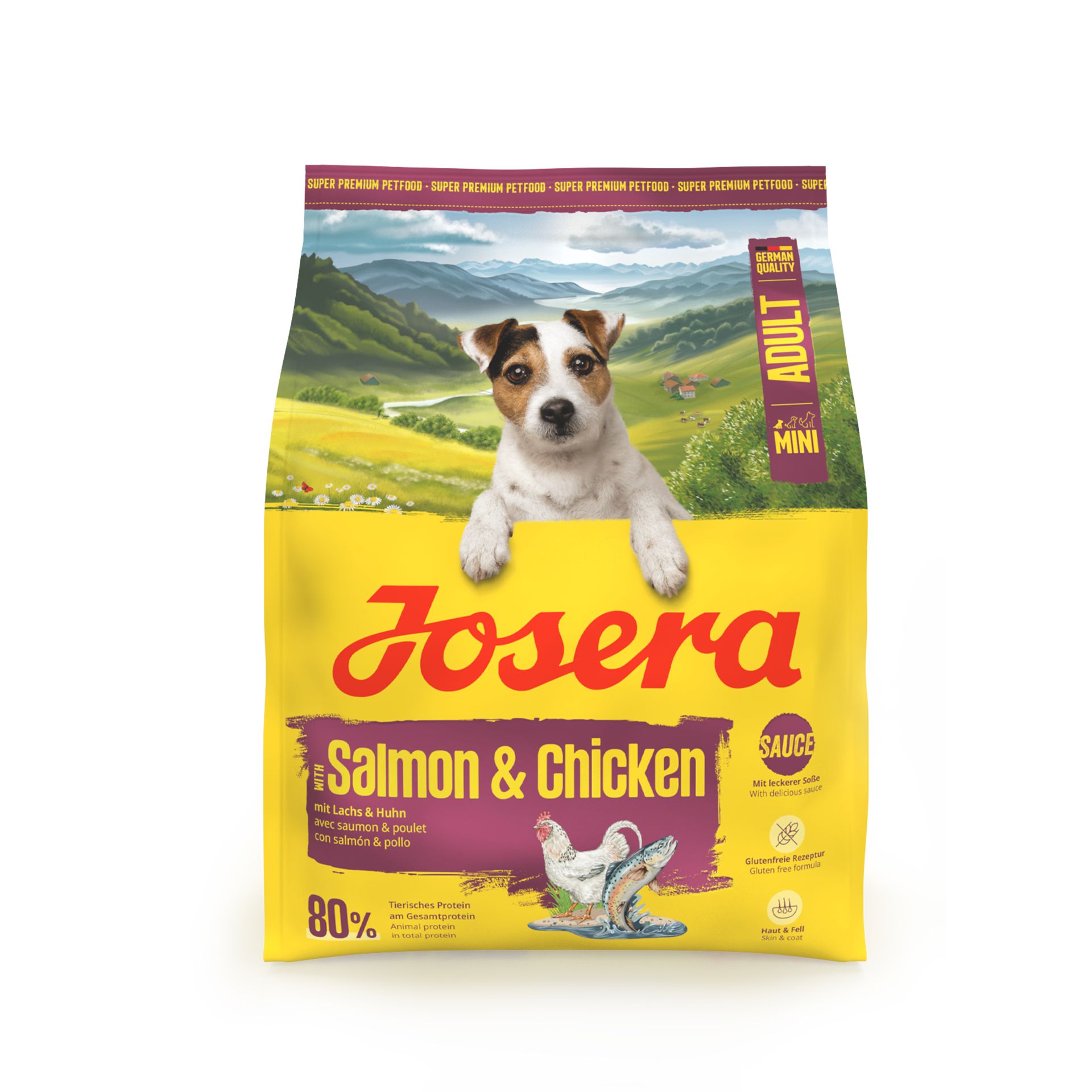 Josera Mini Lachs & Huhn Hundefutter: Gelber Beutel mit Hundewelpen-Motiv, Lachs- und Hühnerabbildung.
