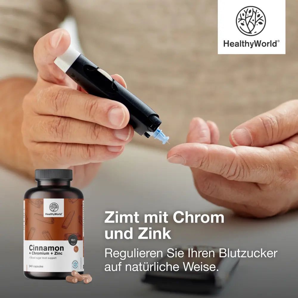 Person hält ein Blutzuckermessgerät. Daneben: Flasche mit Kapseln. Aufschrift: Zimt mit Chrom und Zink. Logo: HealthyWorld.
