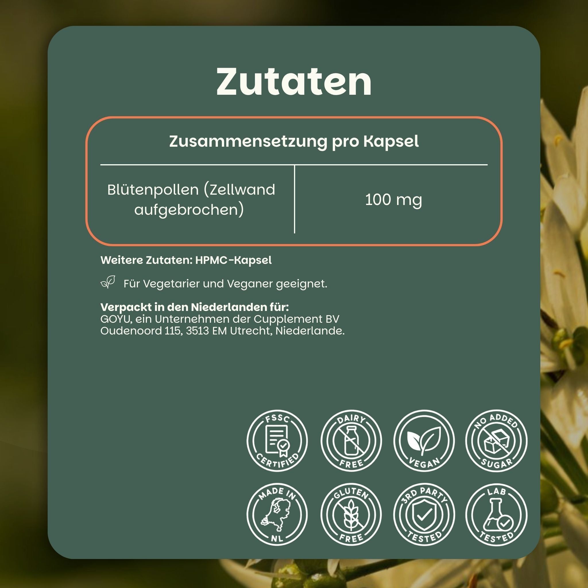 Zutaten: 100 mg Bienenpollen (aufgebrochene Zellwand) pro Kapsel. HPMC-Kapsel. Vegan.