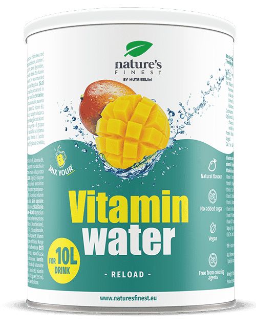 Zylinderdose mit "Nature's Finest Vitamin Wasser RELOAD". Mango-Abbildung. Text: Vitamin Water, 10L, Vegan, ohne Zucker, ohne Farbstoffe.