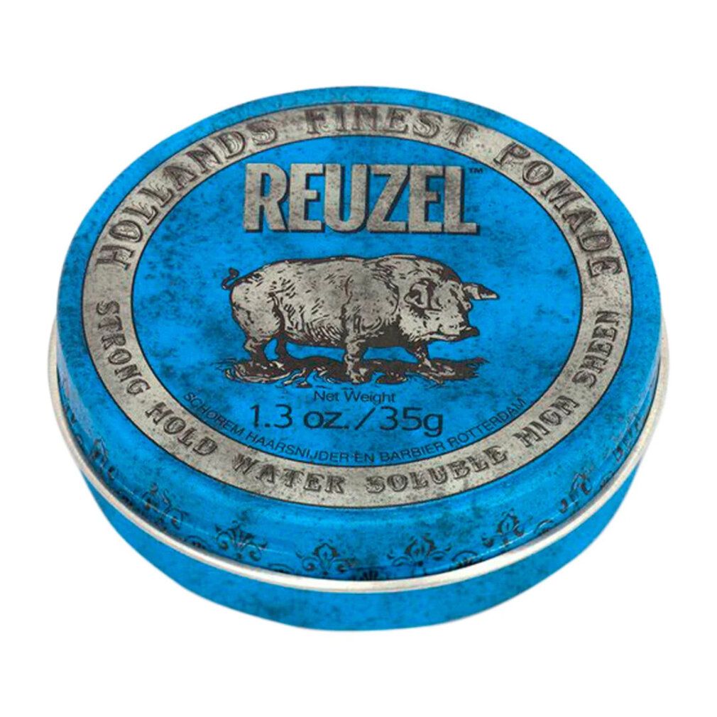 Blaue, runde Dose mit silbernem Rand. Aufschrift: Reuzel, Hollans Finest Pomade. Schweine-Illustration. 1.3 oz./35g.