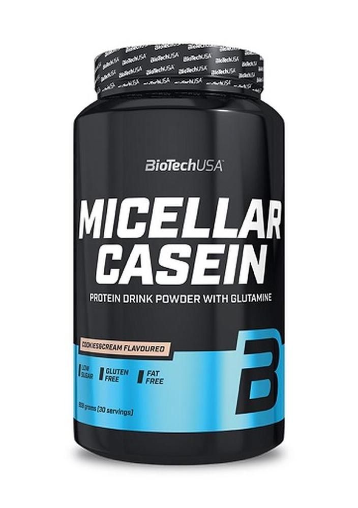 Schwarze Dose mit weißer Aufschrift "MICELLAR CASEIN". Marke: BiotechUSA. Text: Protein Drink Powder with Glutamine. Geschmack: Cookies&Cream.