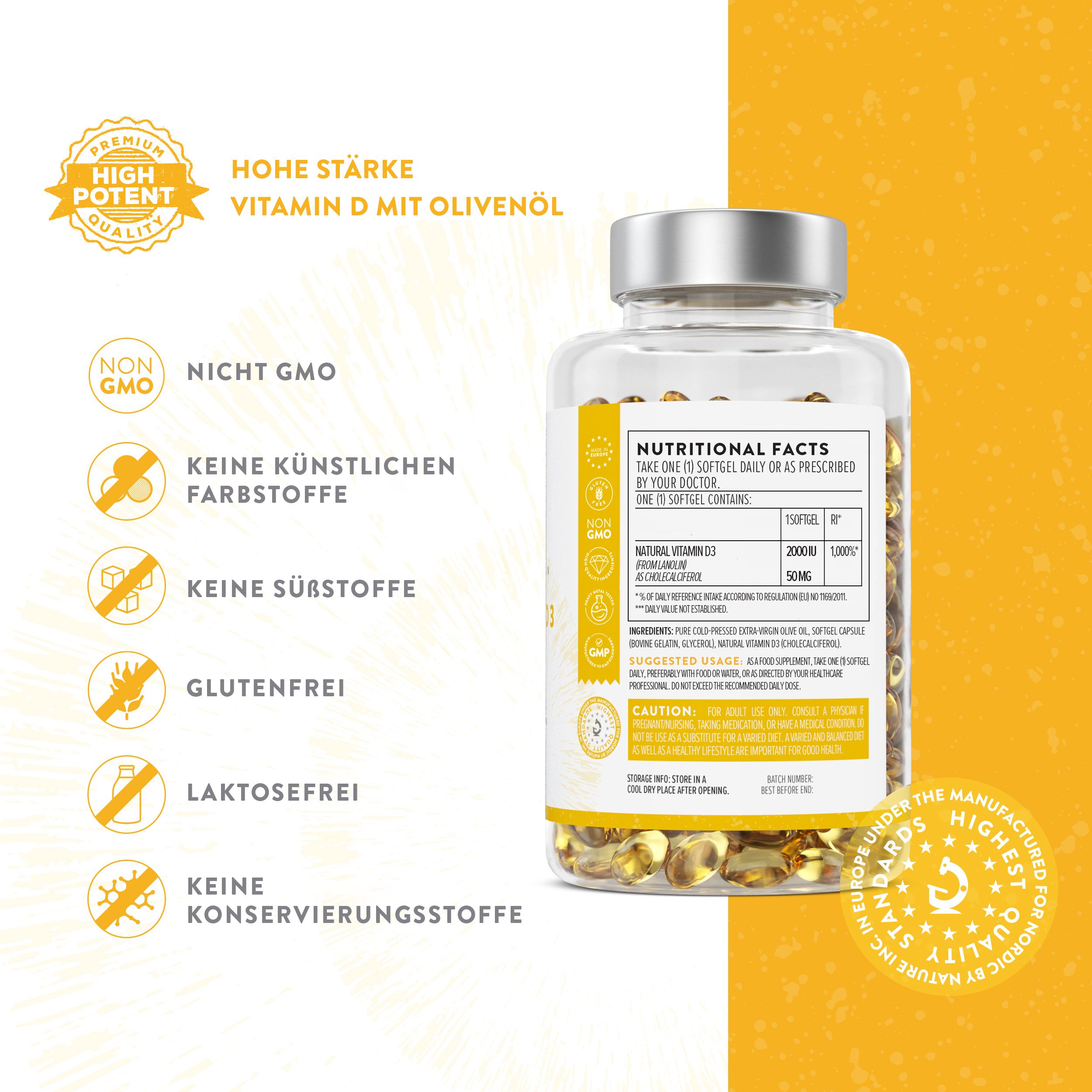 Flasche mit Text. Aufschrift: Hohe Stärke, Vitamin D mit Olivenöl, nicht GVO, glutenfrei.