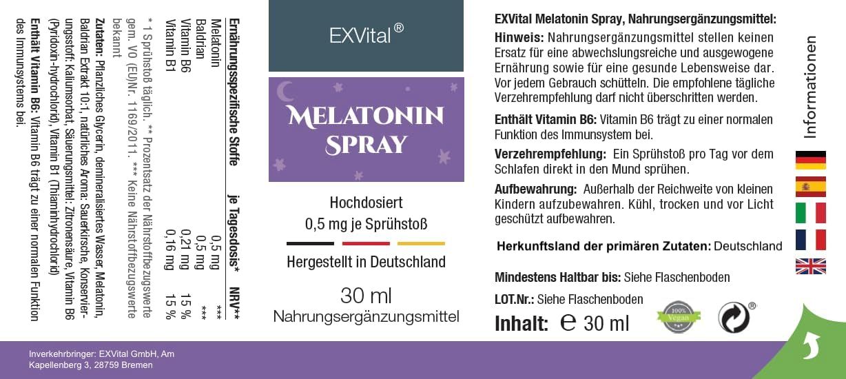 Produktverpackung mit Inhaltsangaben, Dosierung, Herstellerinformationen und Warnhinweisen. 30 ml. Enthält Melatonin, Vitamin B1+B6. Hergestellt in Deutschland.