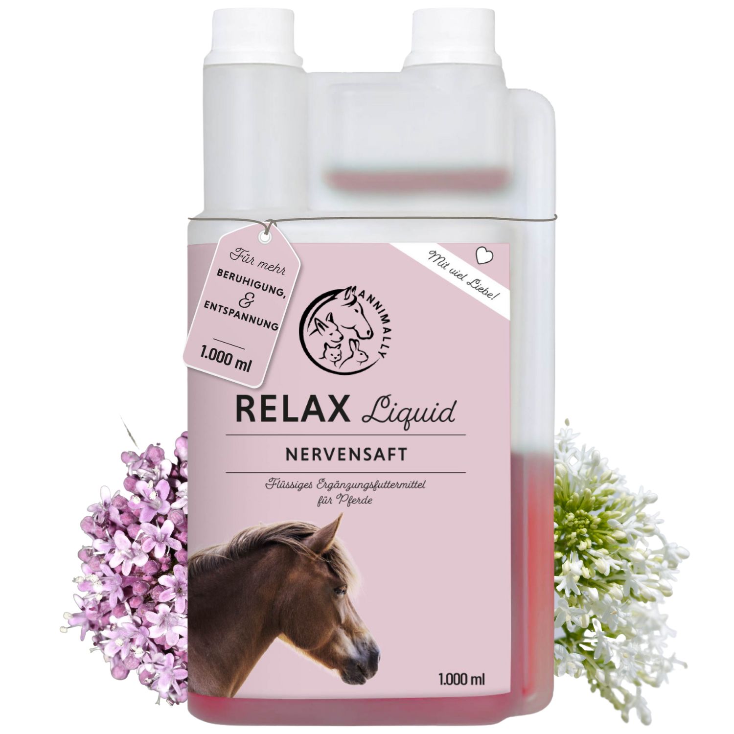 Rosa Flasche mit "RELAX Liquid Nervensaft"-Etikett. Enthält Flüssigkeit. Mit Pferde-Illustration und Text. 1.000 ml.