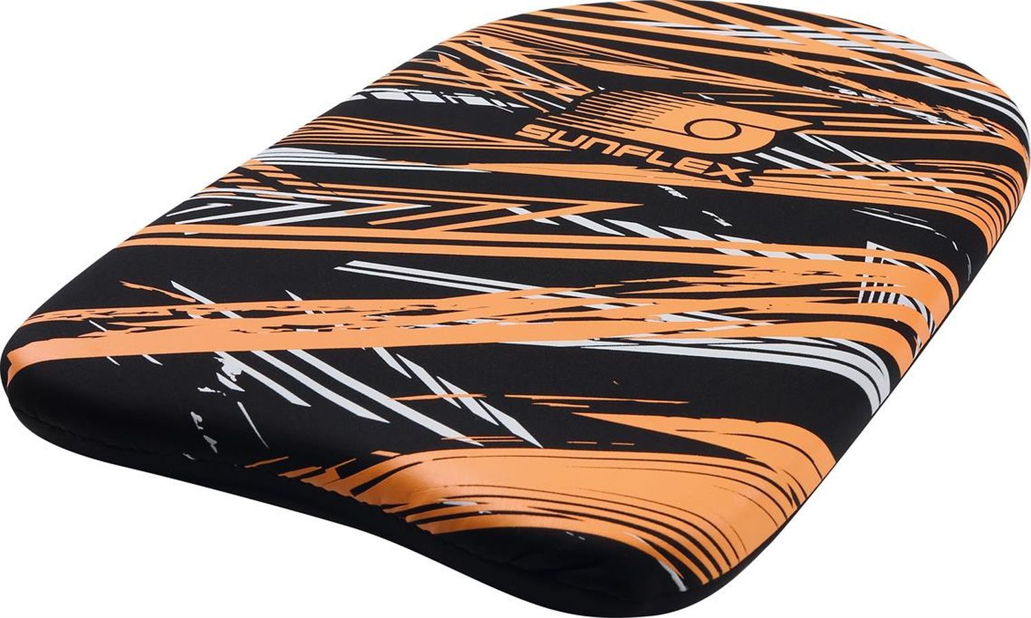 Schwimmbrett mit orangefarbenen und weißen Streifen auf schwarzem Grund. SUNFLEX-Logo.