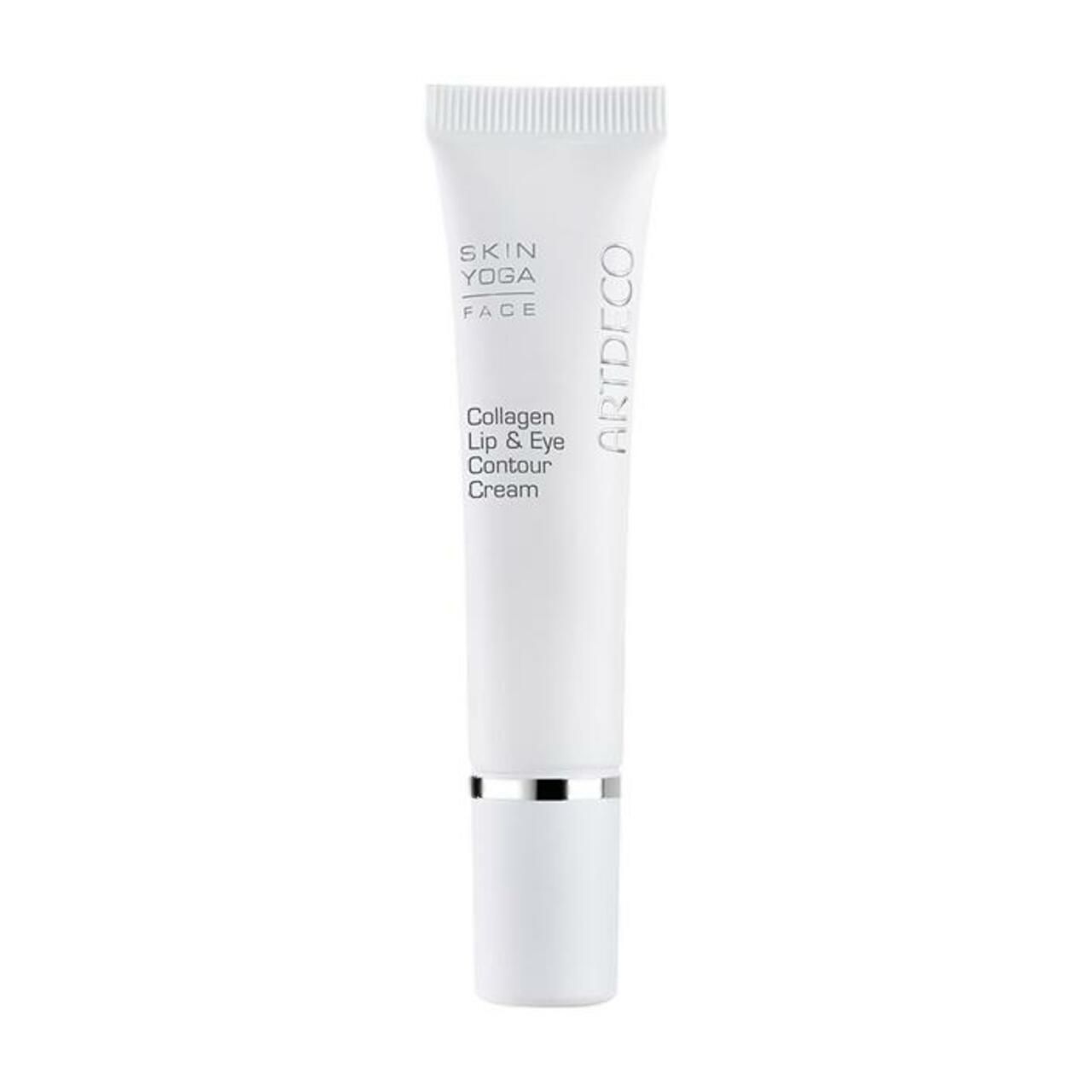 Weiße Tube mit "ARTDECO"-Logo und Produktbezeichnung. Silberner Ring am unteren Ende. Text: Collagen Lip & Eye Contour Cream.