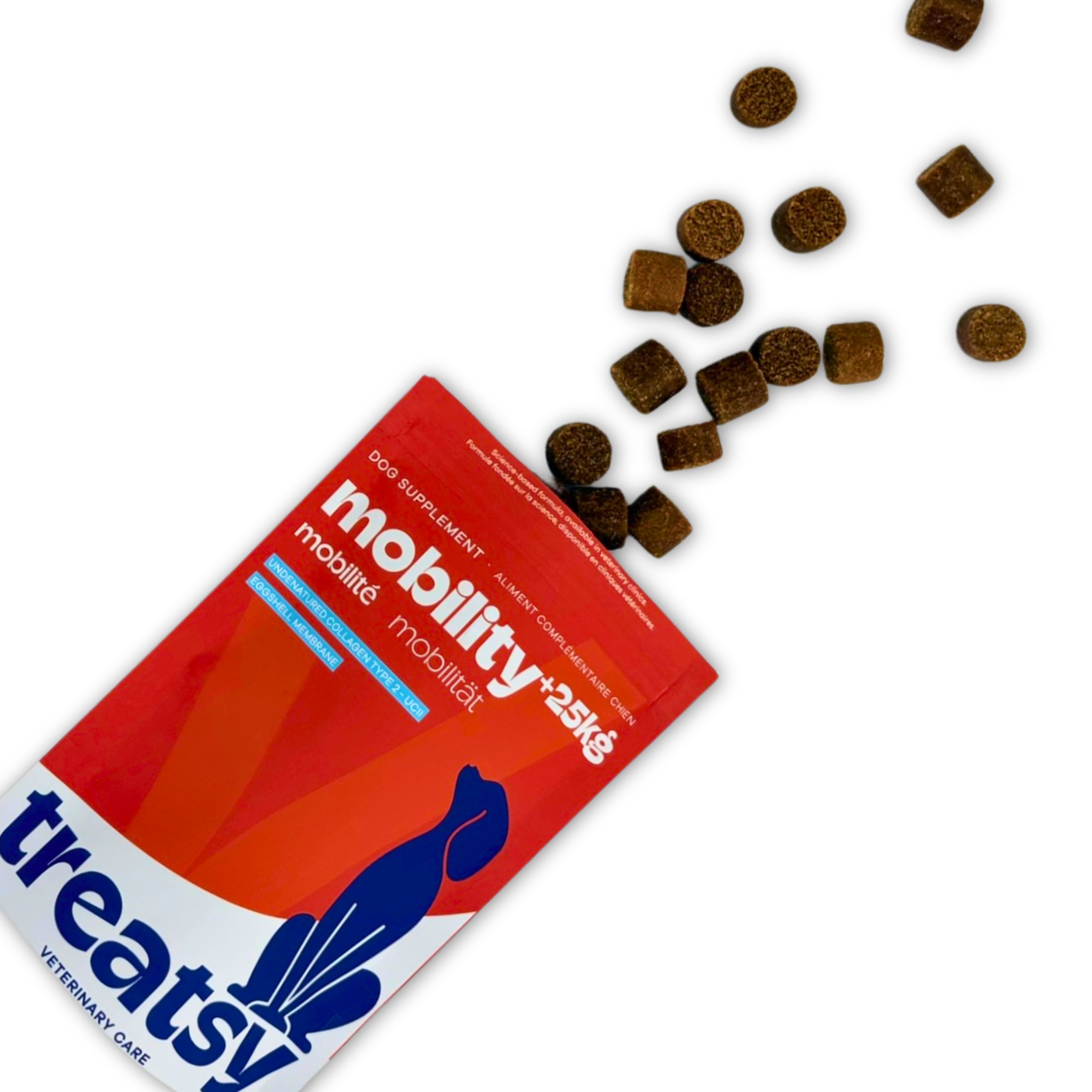 Ergänzungsfuttermittel für Hunde. Rote Verpackung mit Produktnamen und Tabletten, die herausfallen.