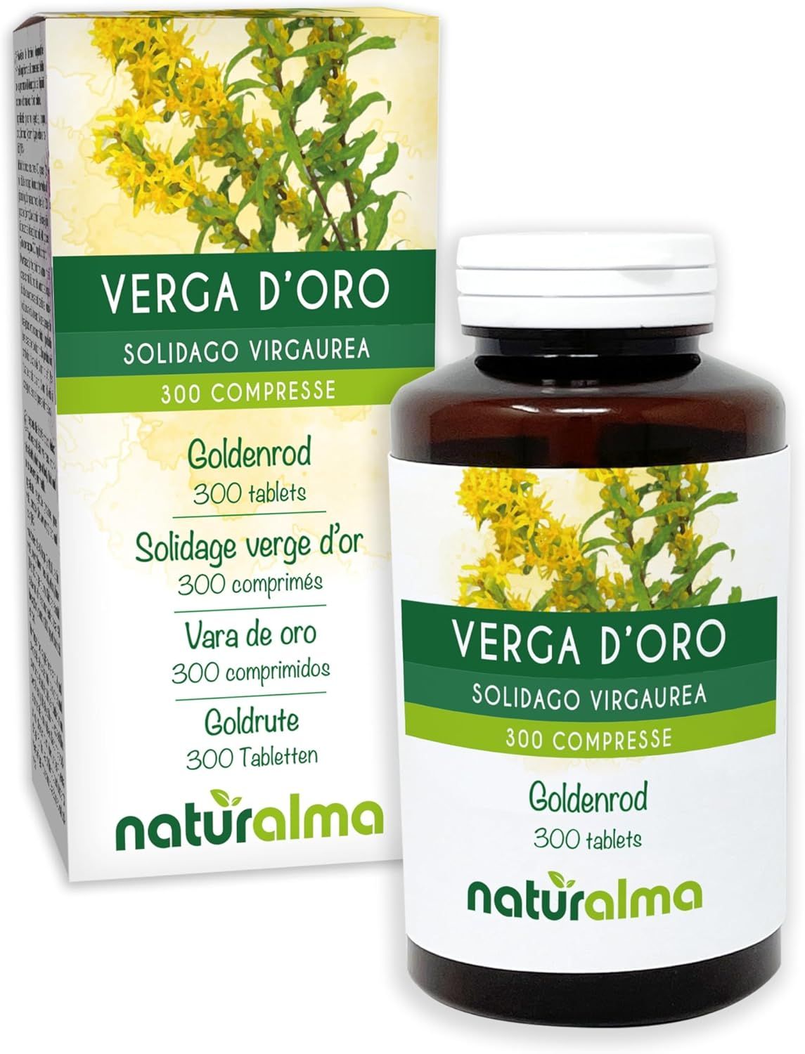 Verpackung und Flasche Goldrute Tabletten, Naturalma-Logo, Produktname.