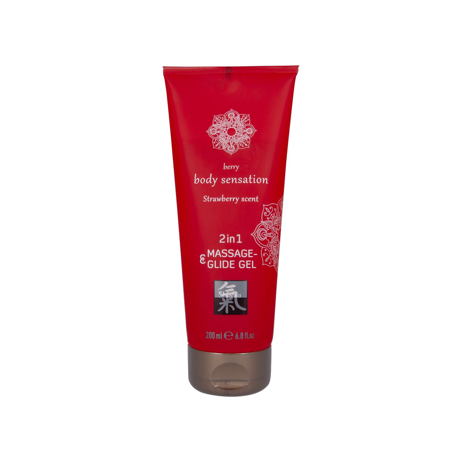 Rote Tube mit weißem Muster und Text. Aufschrift: berry body sensation, Strawberry scent, 2in1 Massage & Glide Gel.