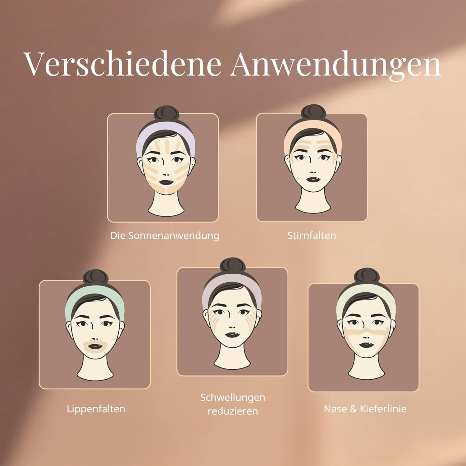 Illustrationen verschiedener Kinesio Tape Anwendungen im Gesicht: Sonne, Stirnfalten, Lippenfalten, Schwellungen, Nase/Kieferlinie.