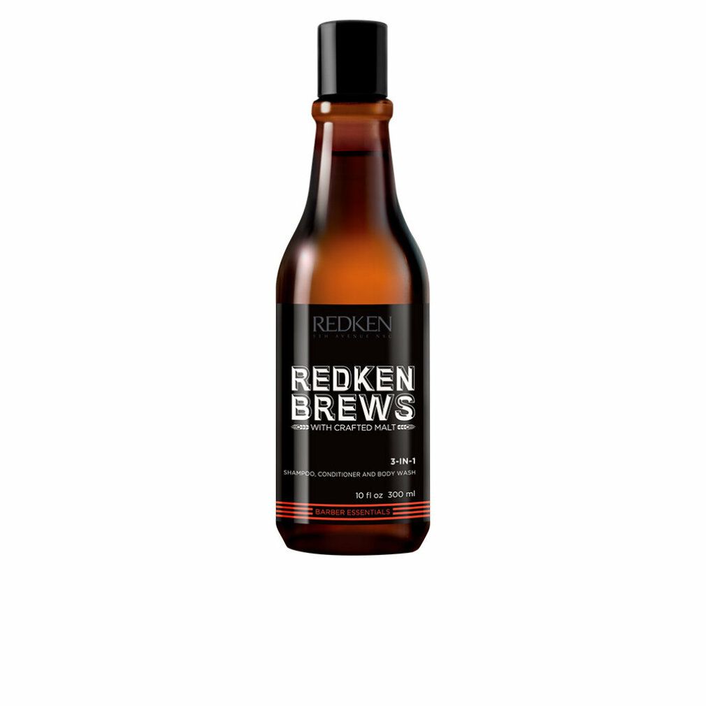 Braune Flasche mit schwarzem Deckel. Aufschrift: Redken Brews 3-in-1 Shampoo, Conditioner, Body Wash.