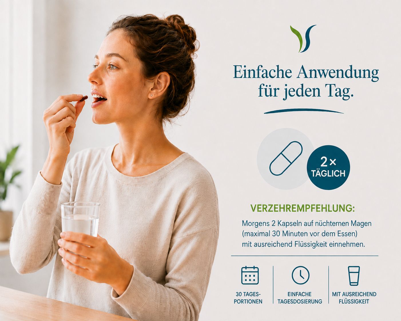 Frau nimmt eine Kapsel mit einem Glas Wasser ein.