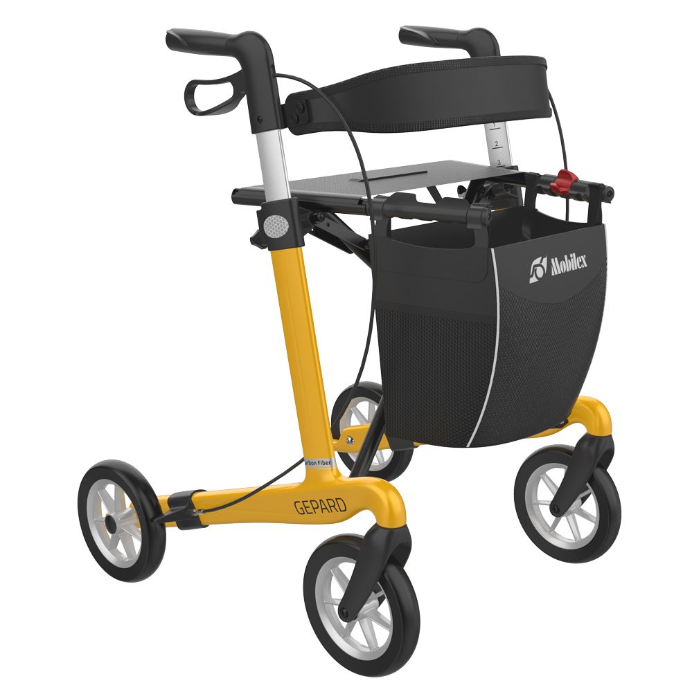 Gelber Rollator mit schwarzen Rädern und Korb. Gepard-Schriftzug. Mobiles-Logo.