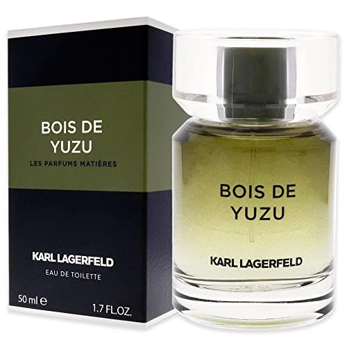 Flakon und Verpackung von Karl Lagerfeld Bois de Yuzu. Schwarze Verpackung mit grünen Akzenten. Aufschrift Bois de Yuzu und Karl Lagerfeld.