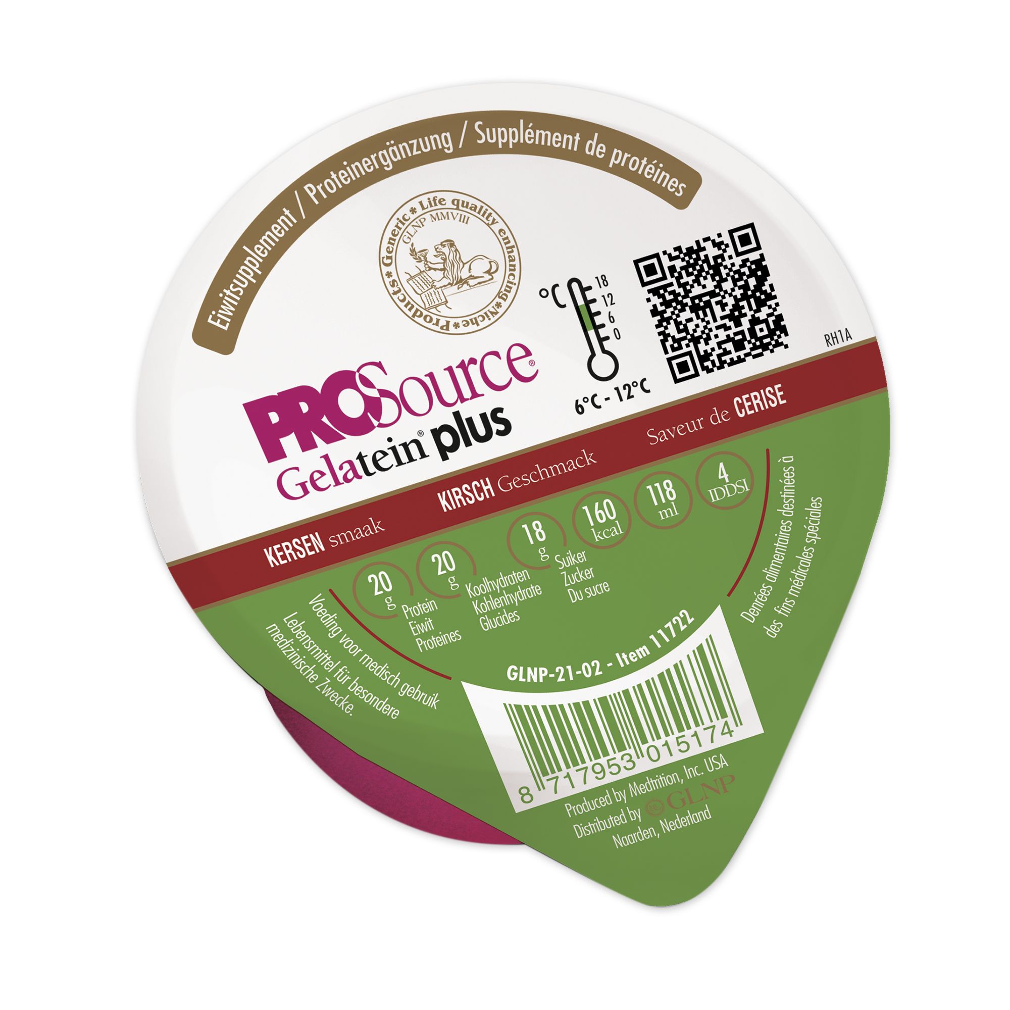 PROSource Gelatein Plus, Kirschgeschmack. Einzelbecher mit Produktinformationen. Grün-rotes Design.