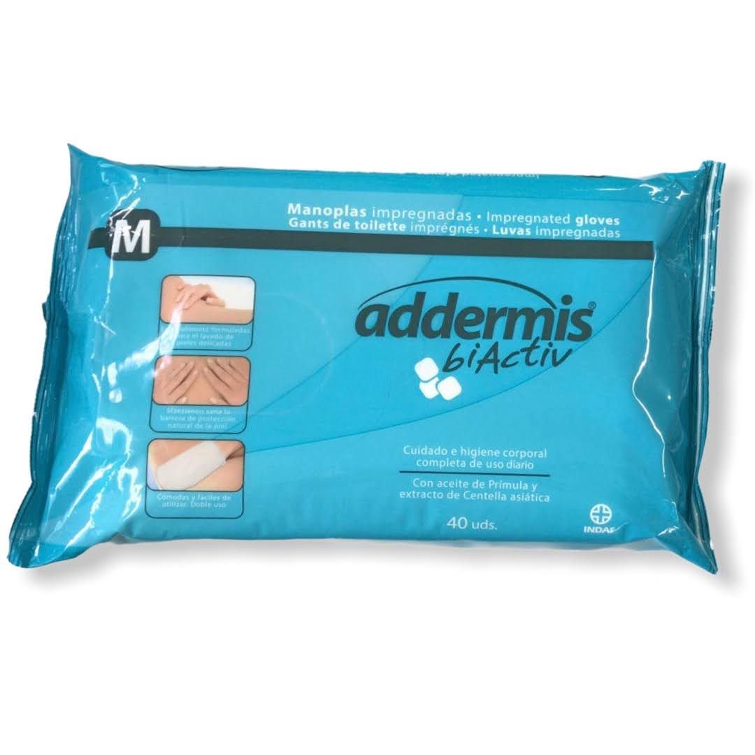 Blau verpackte feuchte Waschhandschuhe. Aufdruck: addermis biActiv, 40 Stück, mit Illustrationen. Größe M.