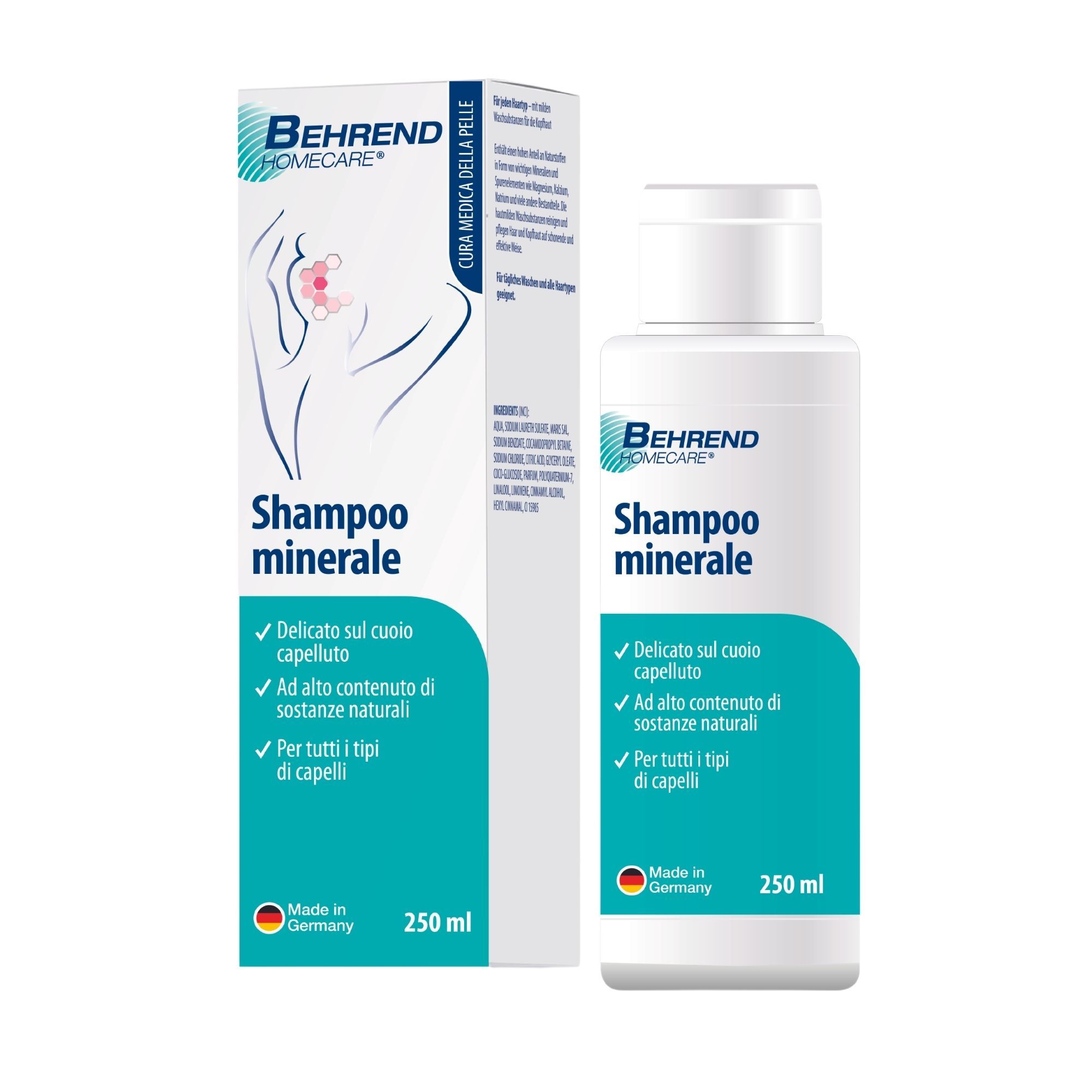 Flacone e scatola di shampoo minerale Behrend Homecare. Ingredienti e indicazioni. Prodotto in Germania. Per tutti i tipi di capelli.