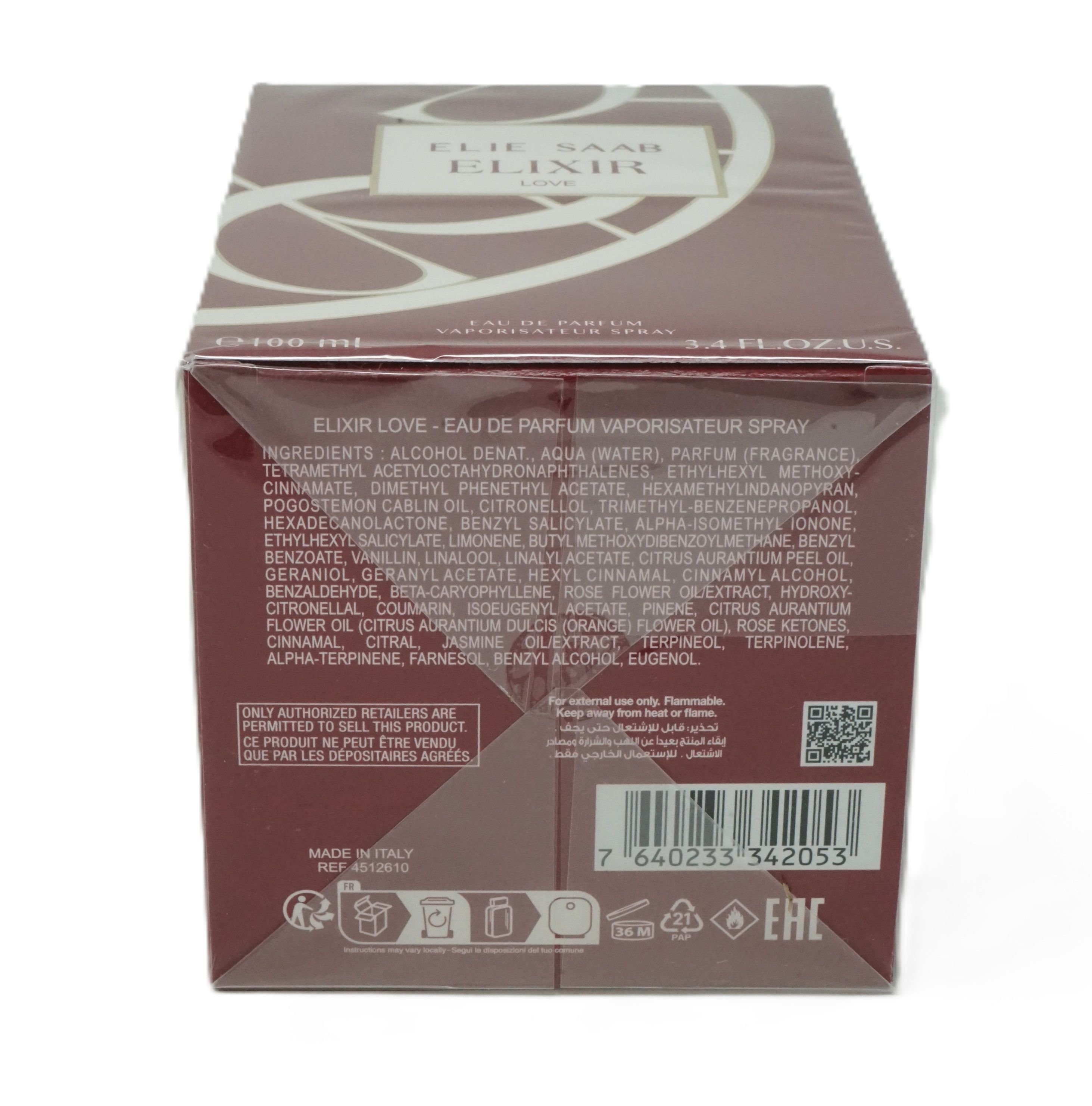 Rückseite der Parfumbox. Text: ELIXIR LOVE - EAU DE PARFUM VAPORISATEUR SPRAY. Inhaltsstoffe. QR-Code und weitere Informationen.