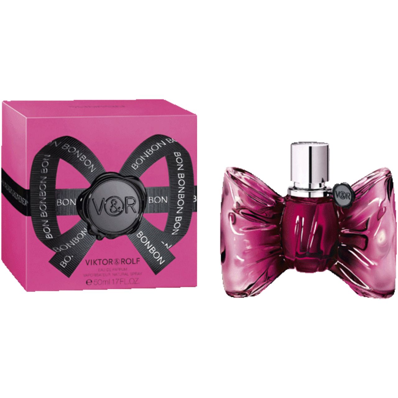 Rosa Flakon in Schleifenform, daneben rosa Schachtel mit schwarzer Schleife und Schriftzug BONBON. Silberner Verschluss.