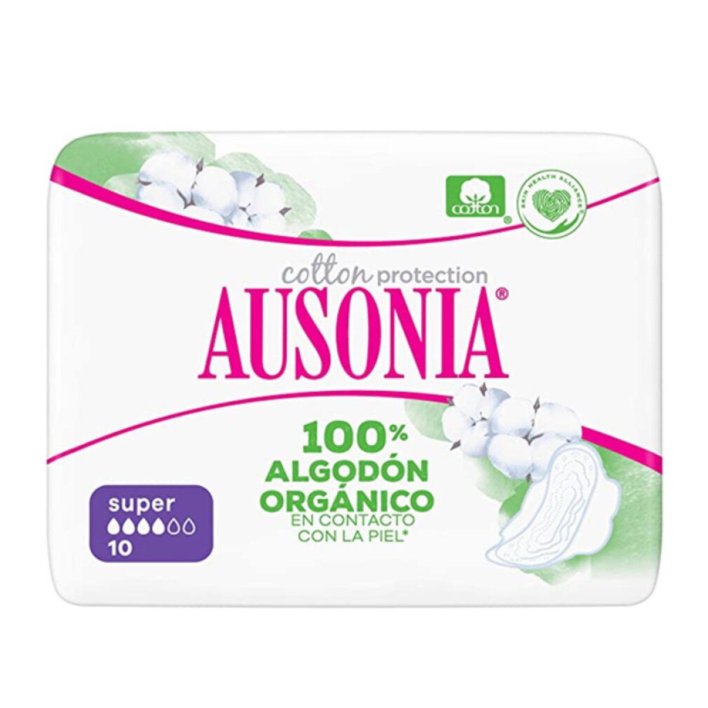 Verpackung von Ausonia Super Organic Slipeinlagen. Weiß mit rosa Akzenten, Baumwoll-Logo und Produktinformationen. 10 Einheiten.