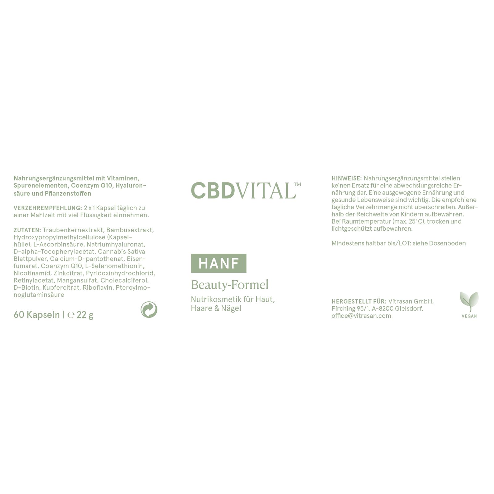 CBDVITAL Hanf Beauty-Formel Kapseln: 60 Stück, 22g. Für Haut, Haare & Nägel.