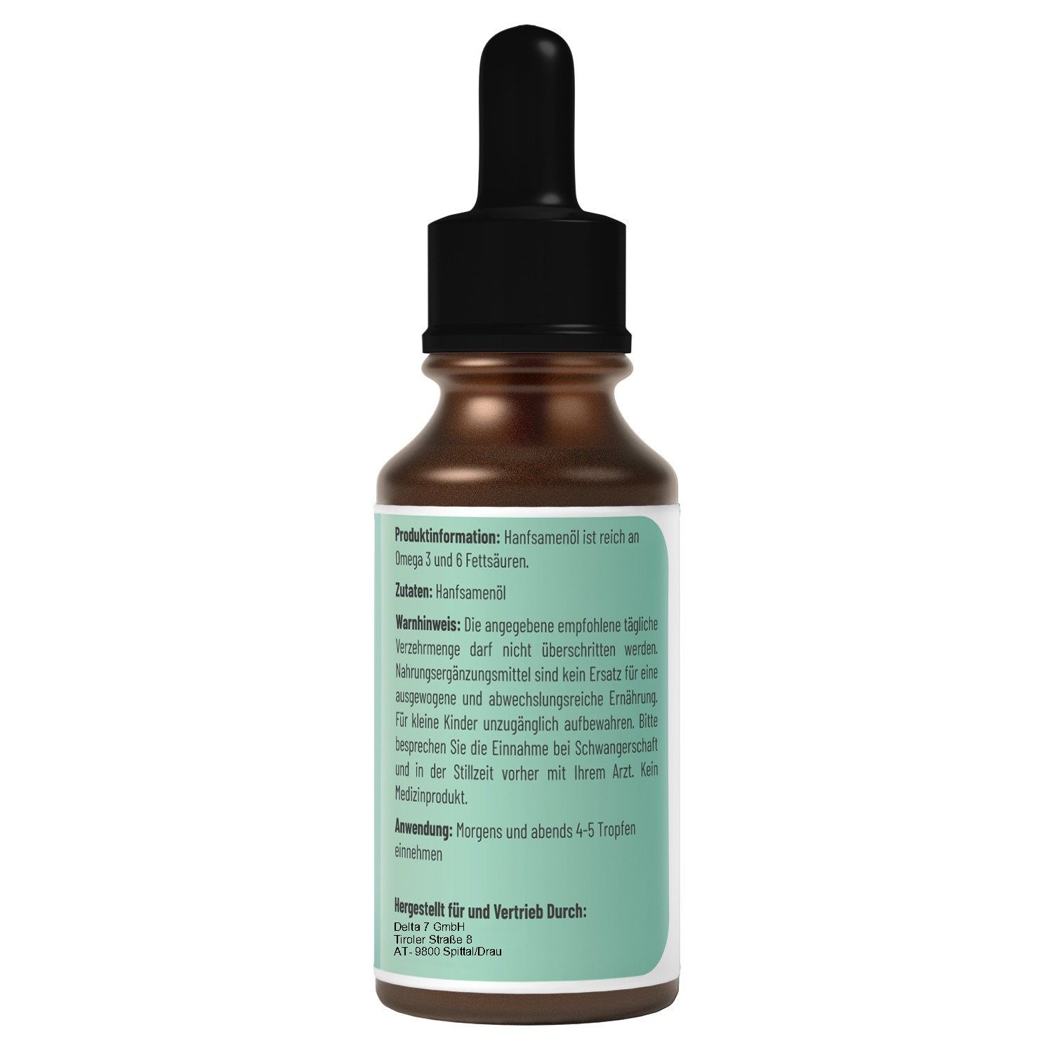 Produktflasche mit Tropfer. Rückseite mit Text: Produktinformationen, Warnhinweis, Anwendung, hergestellt für und vertrieb durch.