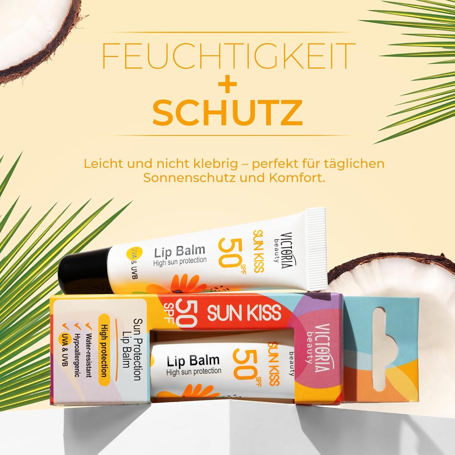 Victoria Beauty Lippenbalsam, Sonnenschutz LSF 50. Tube und Verpackung. Text: Feuchtigkeit + Schutz. Leicht und nicht klebrig.