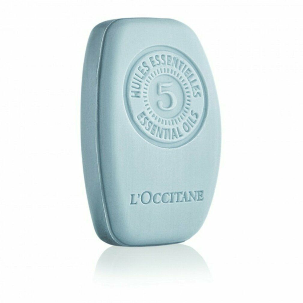 Hellblaues, ovales Shampoo. Oben: "5 Essential Oils". Unten: "L'OCCITANE".