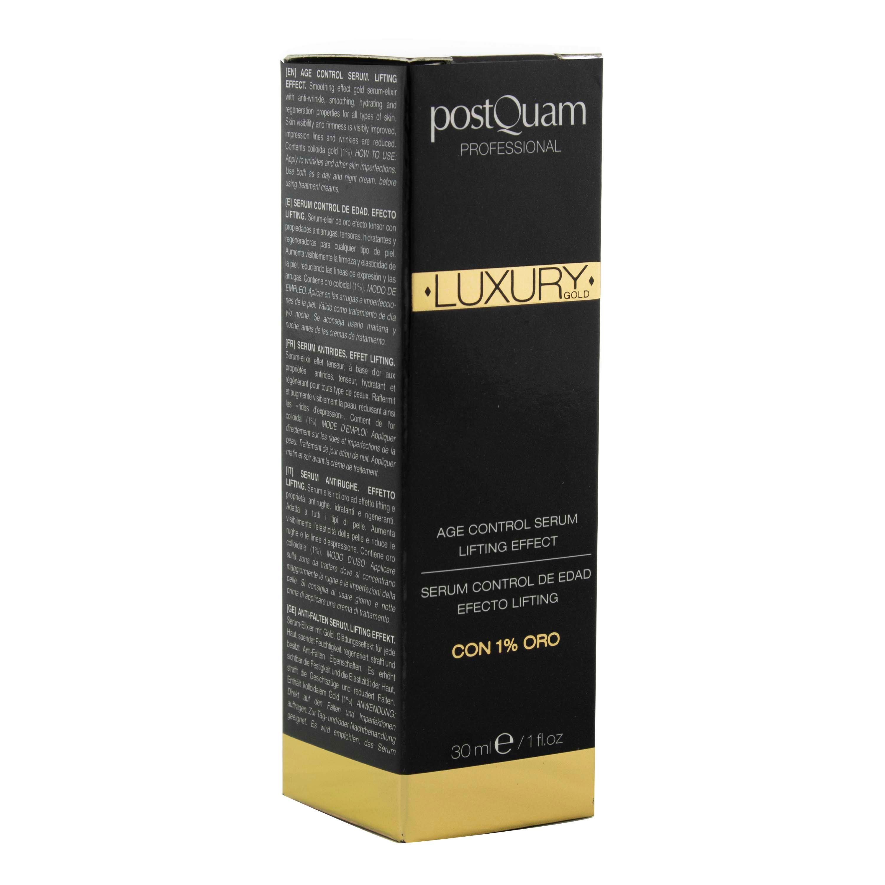 Schwarze Verpackung mit goldenen Akzenten. Aufschrift: Postquam, Luxury, Age Control Serum, mit 1% Gold.