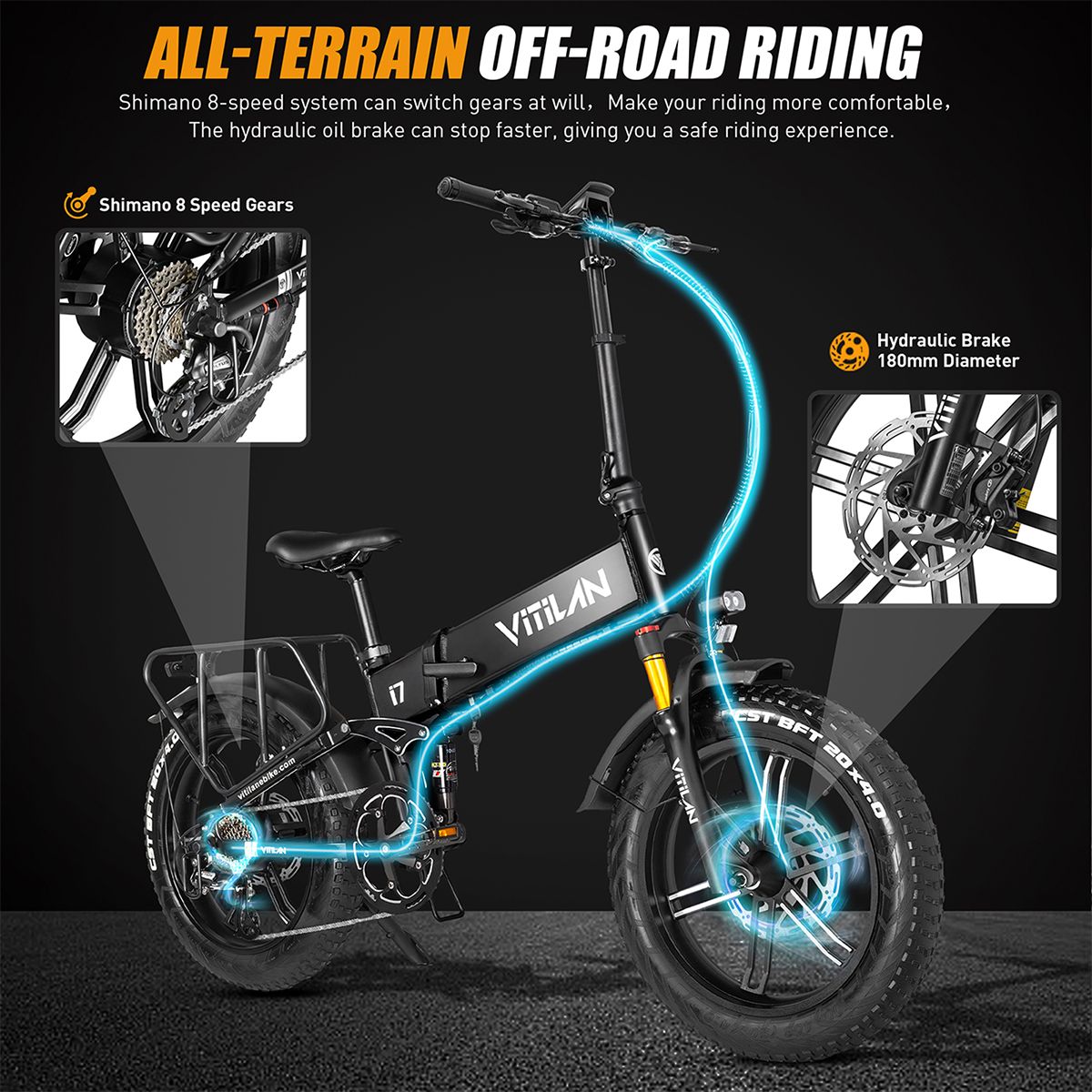 Schwarzes Klappfahrrad mit hervorgehobenen Komponenten. Shimano 8-Gang-Schaltung, hydraulische Bremse.