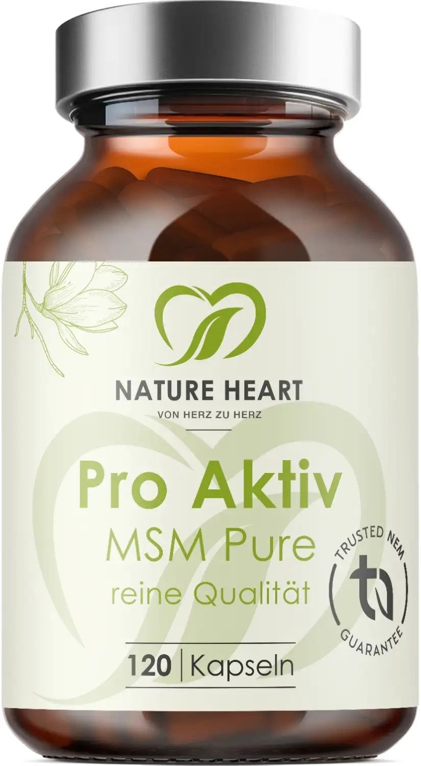 Braune Kapsel-Glasflasche mit weißem Etikett. Aufschrift: Pro Aktiv MSM Pure, 120 Kapseln. Logo: Nature Heart.