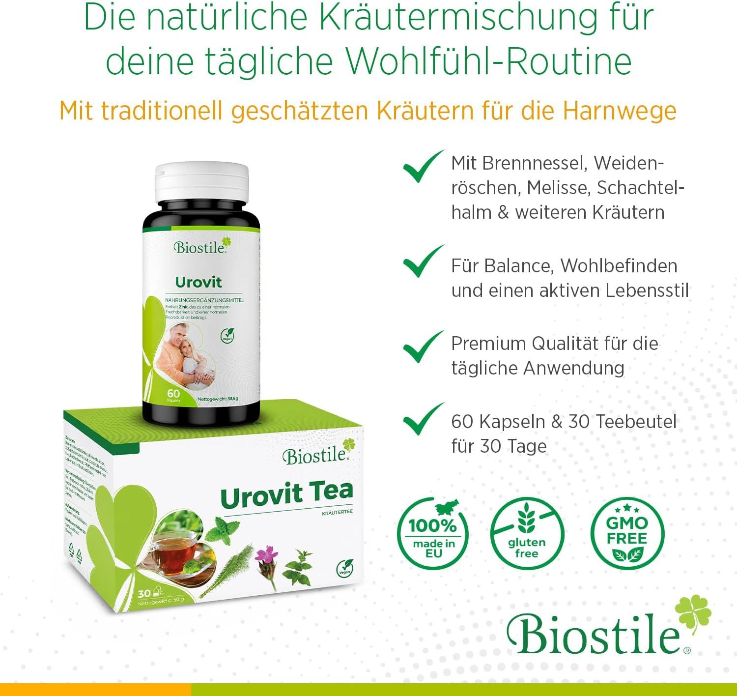 Biostile Urovit Komplett – 30-Tage Prostata & Blase Kur mit Sägepalme, Zink, Selen + Kräutertee