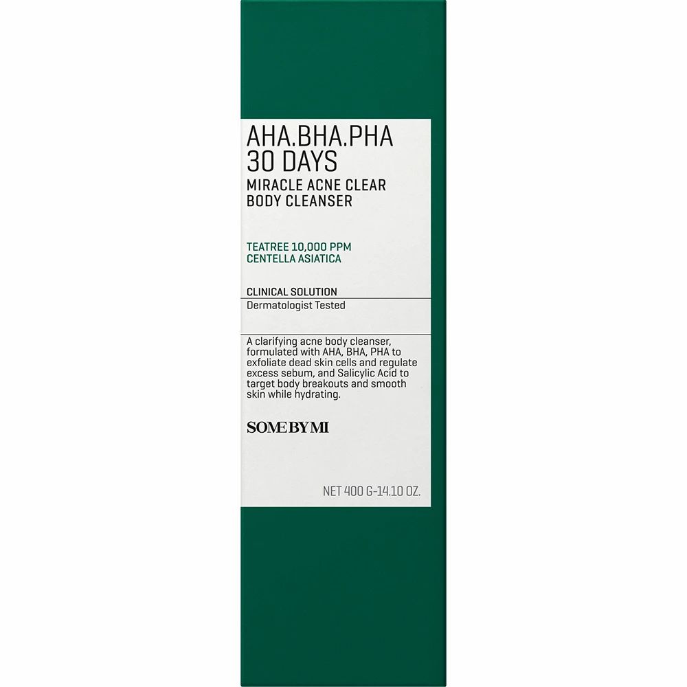 Grüne Verpackung mit weißem Etikett. Aufschrift: AHA.BHA.PHA 30 DAYS MIRACLE ACNE CLEAR BODY CLEANSER. Mit Teebaum und Centella Asiatica.