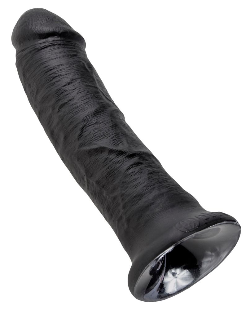 Schwarzer Dildo mit texturierter Oberfläche und Saugnapf. Detailreiche Formgebung.