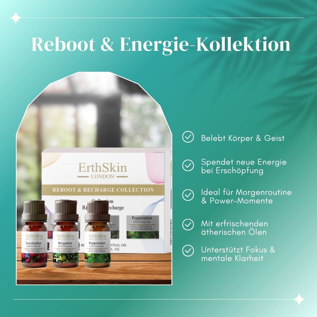 Drei kleine Flaschen ätherischer Öle und eine Verpackung. Auf der Verpackung steht "ErthSkin London" und "Reboot & Recharge Collection". Text: "Belebt Körper & Geist".