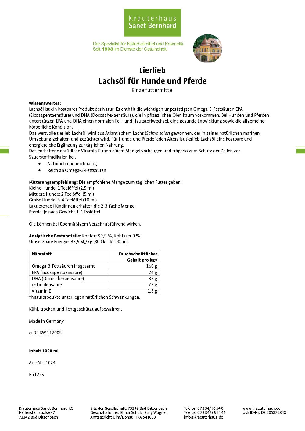 Produktinformationen zu Lachsöl für Hunde und Pferde. Enthält Omega-3-Fettsäuren und Vitamin E. Flasche mit 1000 ml.