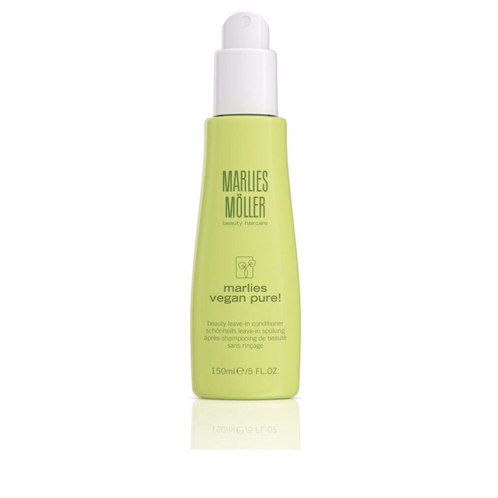 Grüne Flasche mit weißem Pumpkopf. Aufschrift: Marlies Möller, vegan pure!. Text: Beauty Leave-in Conditioner. 150ml/5 FL.OZ.
