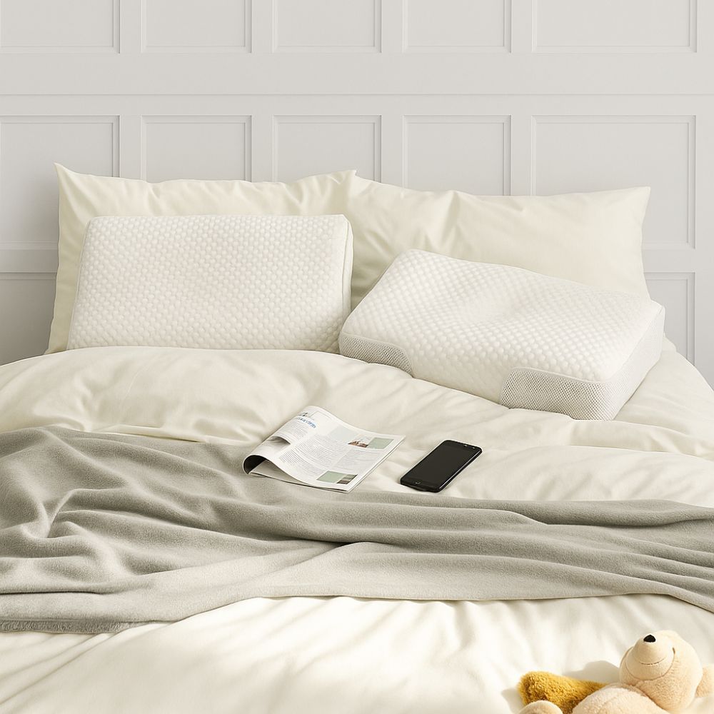 Zwei weiße ergonomische Kissen auf einem Bett. Ein Kissen liegt auf dem Kopfkissen. Magazin und Telefon daneben.