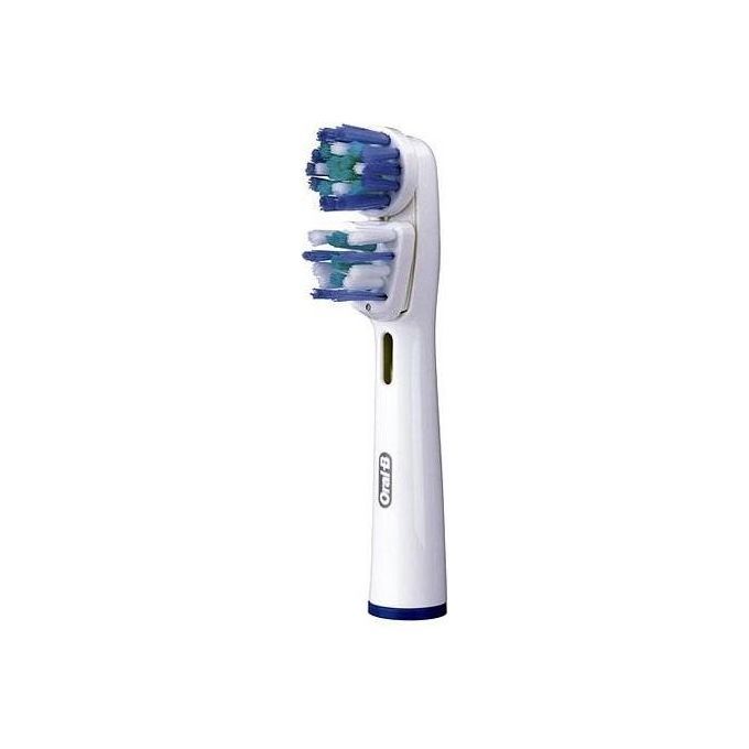 Testina per spazzolino con setole blu e verdi. Manico bianco con logo Oral-B. Testina Dual Clean.