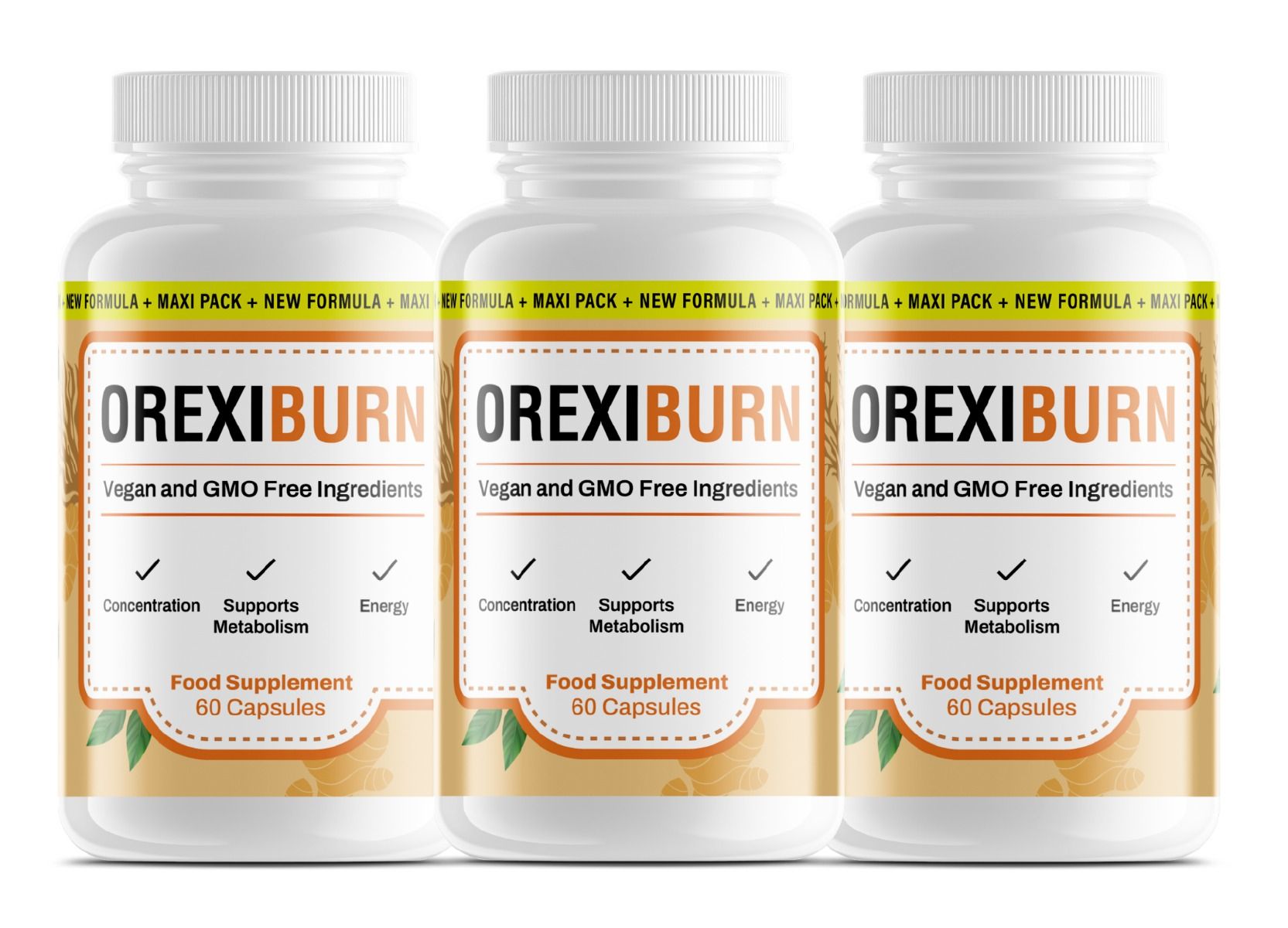 Drei Flaschen Orexiburn Nahrungsergänzungsmittel mit 60 Kapseln.