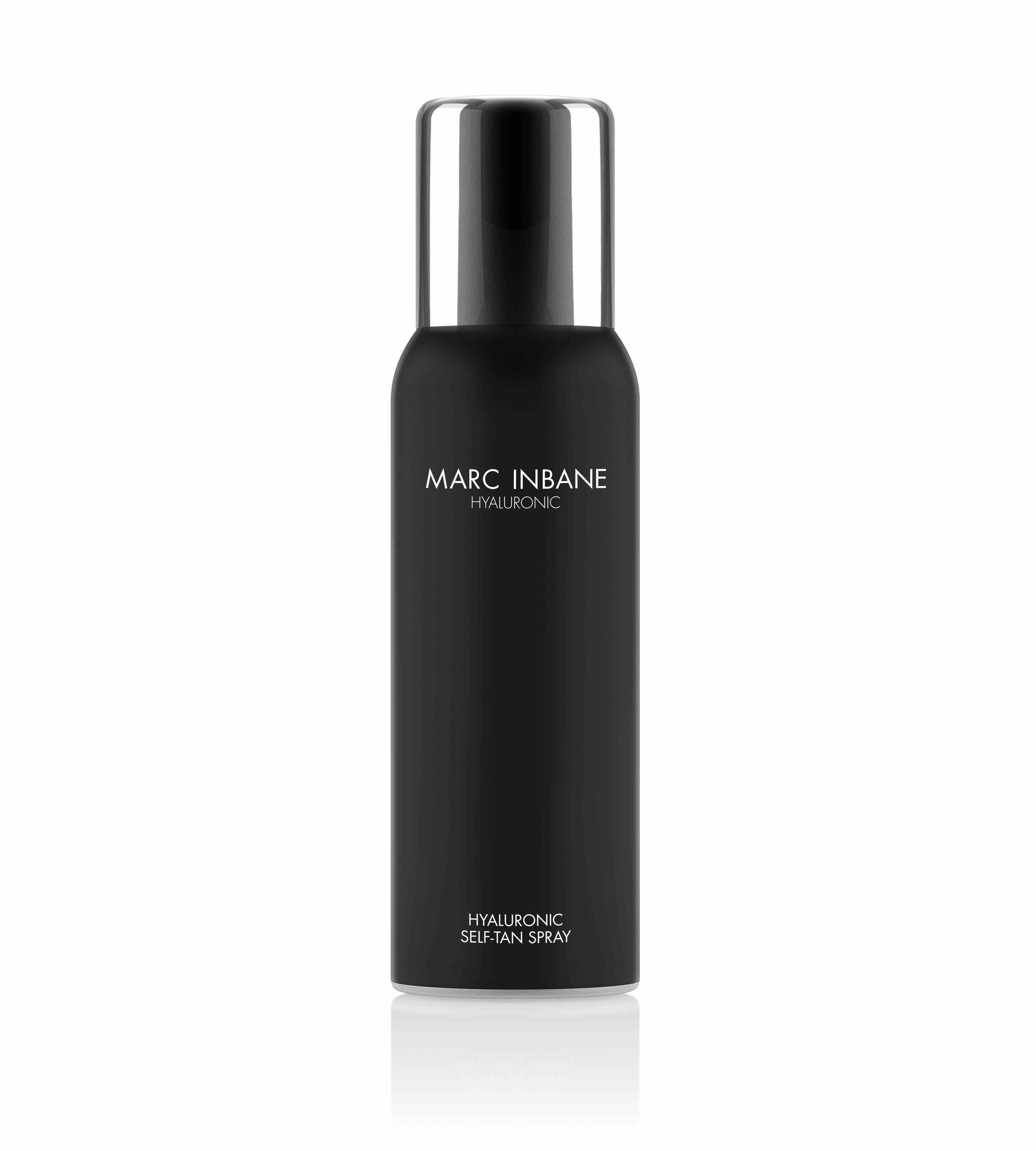 Schwarze Sprühflasche mit silbernem Deckel. Aufschrift: MARC INBANE HYALURONIC. Untertitel: HYALURONIC SELF-TAN SPRAY.