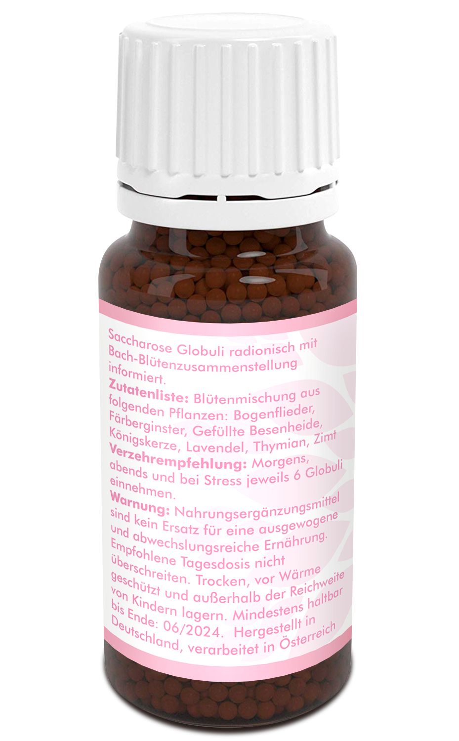 Braune Globuli in einer braunen Glasflasche mit weißem Deckel. Rosa Etikett mit Text. Mindesthaltbarkeit bis 06/2024.